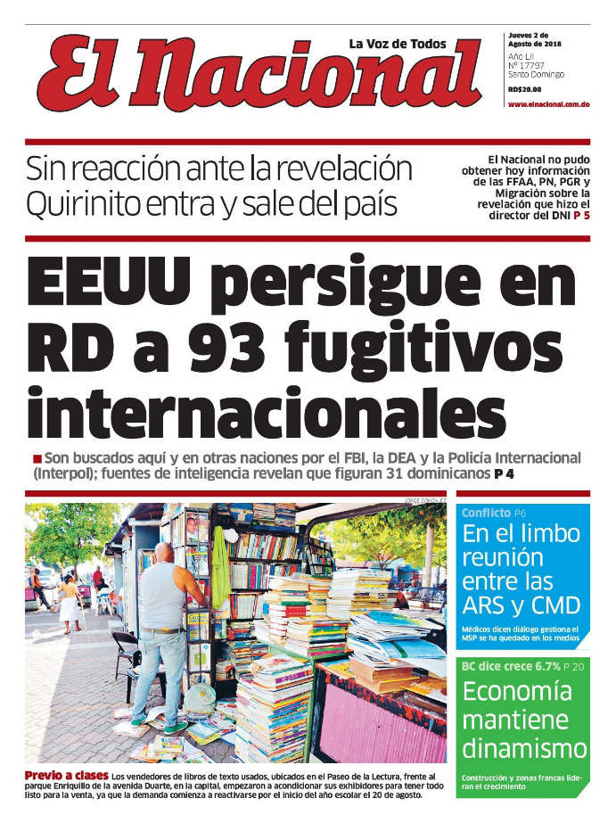 Portada Periódico El Nacional, Jueves 2 de Agosto 2018