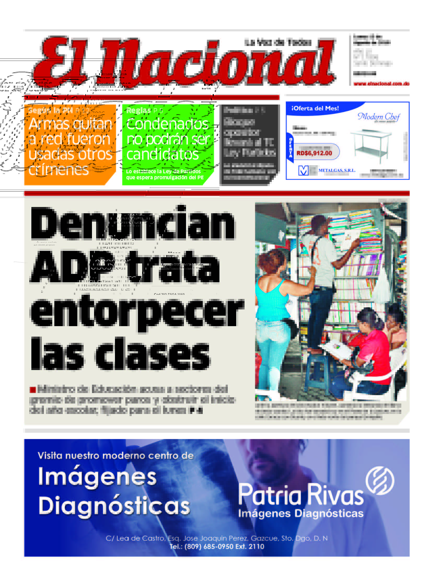Portada Periódico El Nacional, Lunes 13 de Agosto 2018