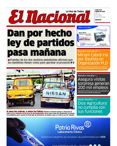 Portada Periódico El Nacional, Lunes 6 de Agosto 2018