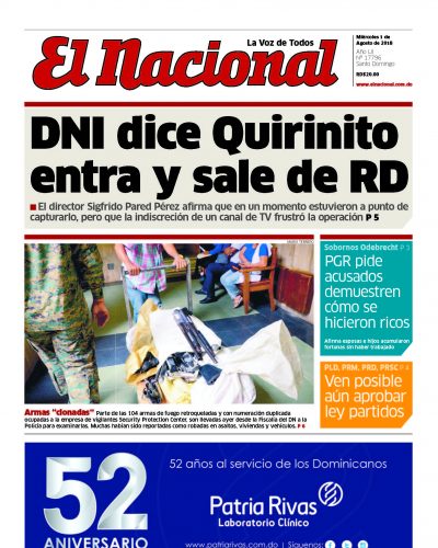 Portada Periódico El Nacional, Miércoles 1 de Agosto 2018