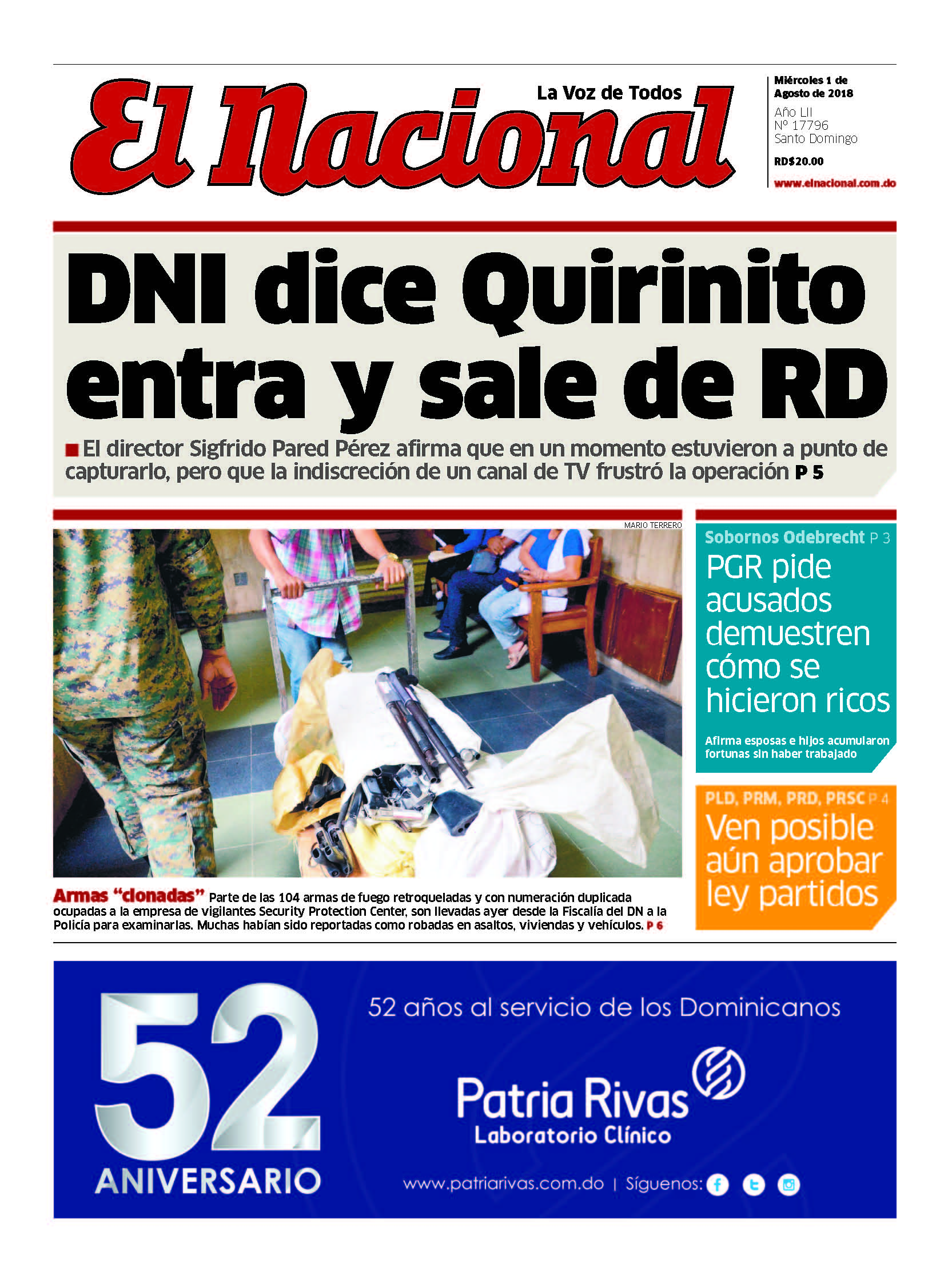 Portada Periódico El Nacional, Miércoles 1 de Agosto 2018