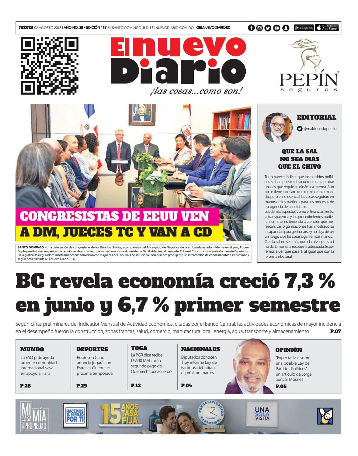 Portada Periódico El Nuevo Diario, Jueves 2 de Agosto 2018