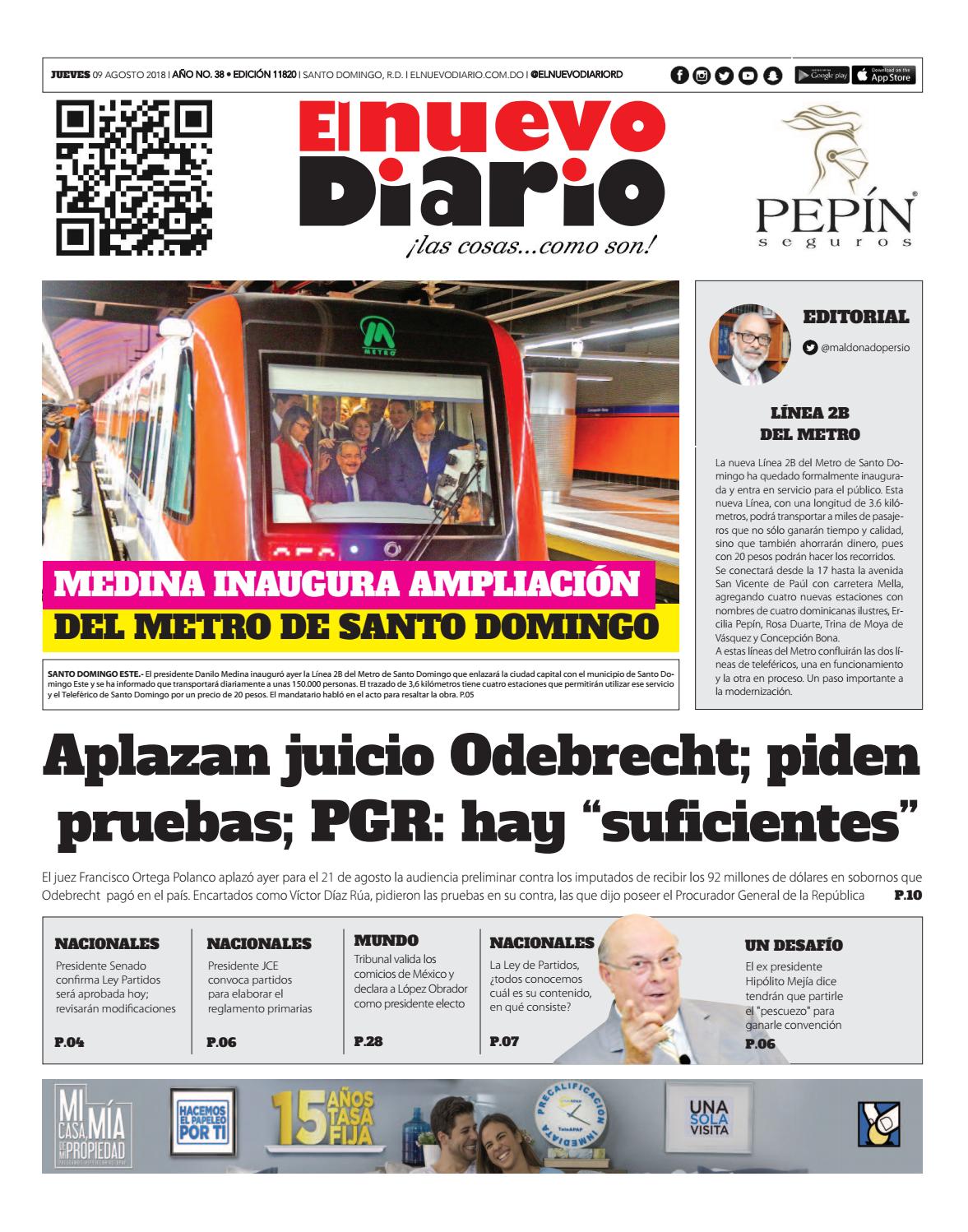 Portada Periódico El Nuevo Diario, Jueves 9 de Agosto 2018