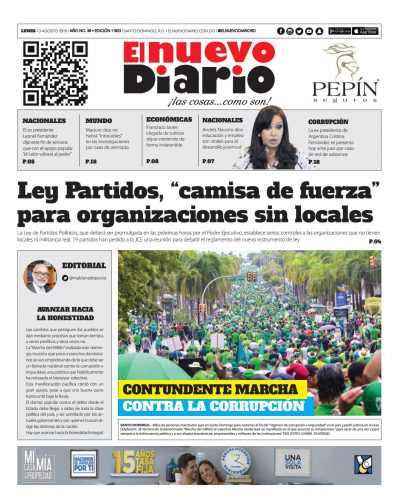 Portada Periódico El Nuevo Diario, Lunes 13 de Agosto 2018