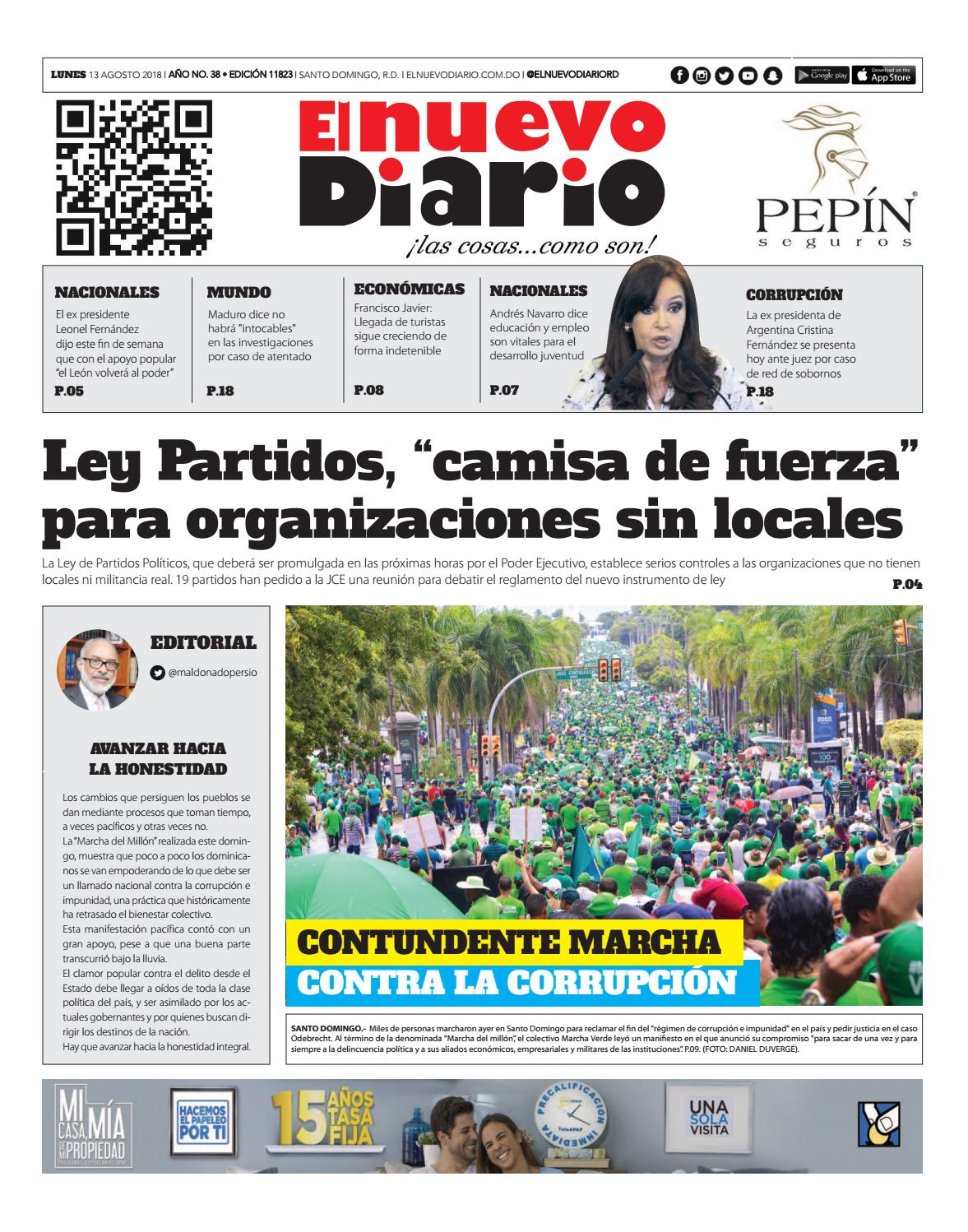 Portada Periódico El Nuevo Diario, Lunes 13 de Agosto 2018