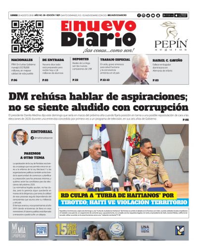 Portada Periódico El Nuevo Diario, Lunes 20 de Agosto 2018