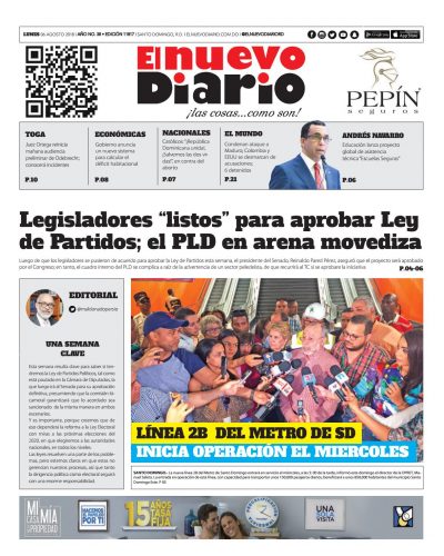 Portada Periódico El Nuevo Diario, Lunes 6 de Agosto 2018
