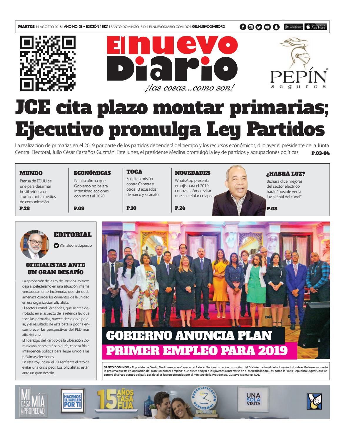 Portada Periódico El Nuevo Diario, Martes 14 de Agosto 2018
