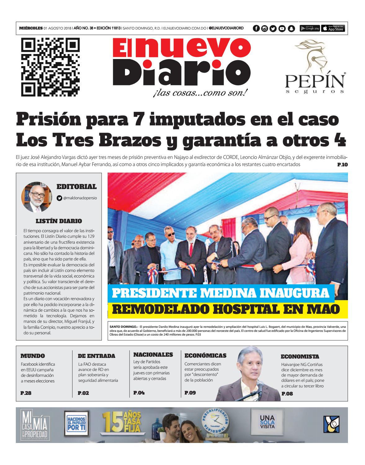 Portada Periódico El Nuevo Diario, Miércoles 1 de Agosto 2018