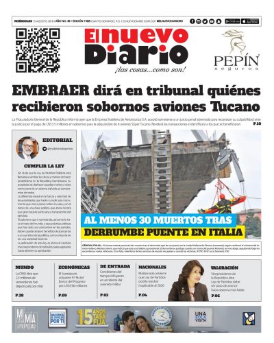 Portada Periódico El Nuevo Diario, Miércoles 15 de Agosto 2018
