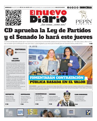 Portada Periódico El Nuevo Diario, Miércoles 8 de Agosto 2018