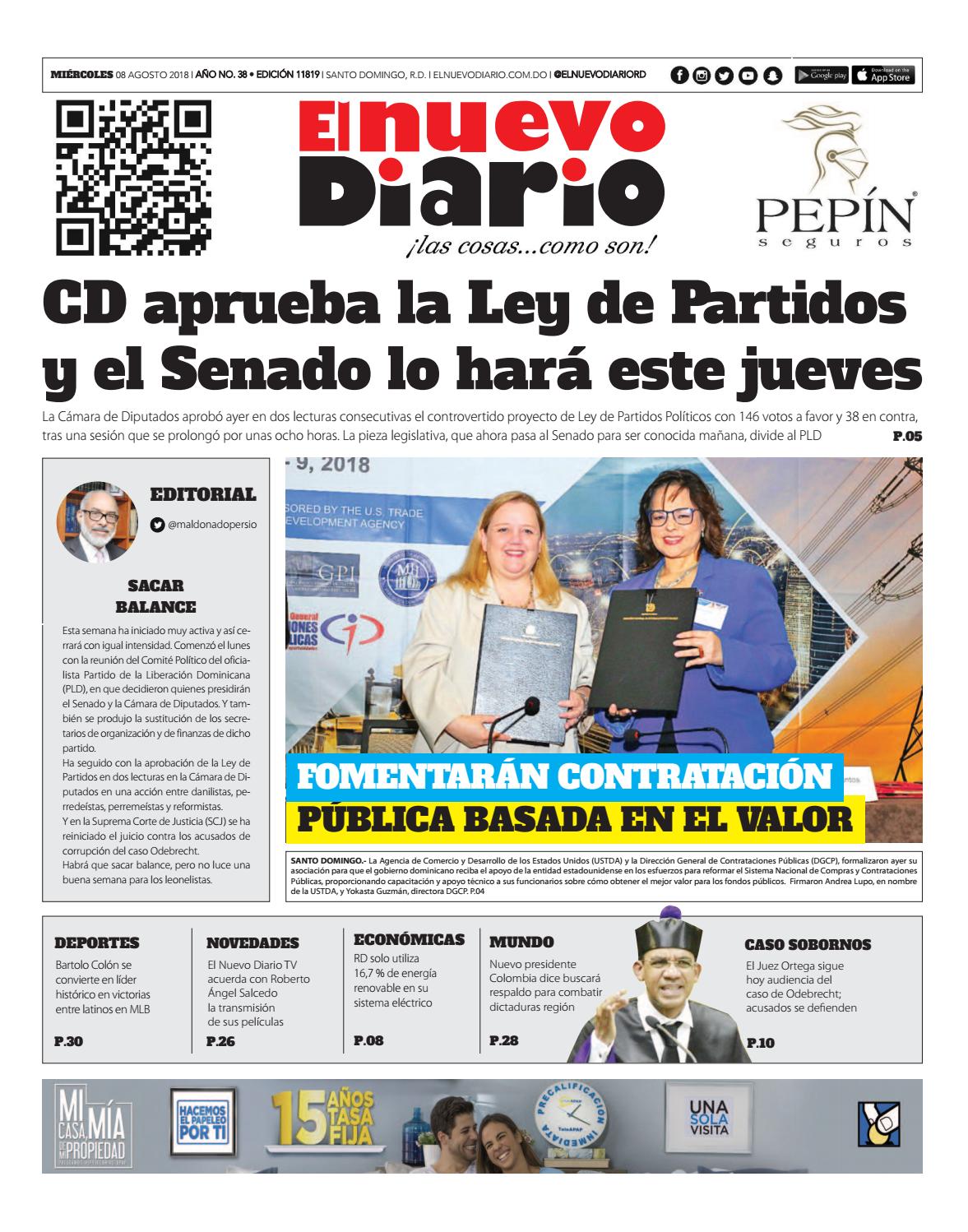 Portada Periódico El Nuevo Diario, Miércoles 8 de Agosto 2018