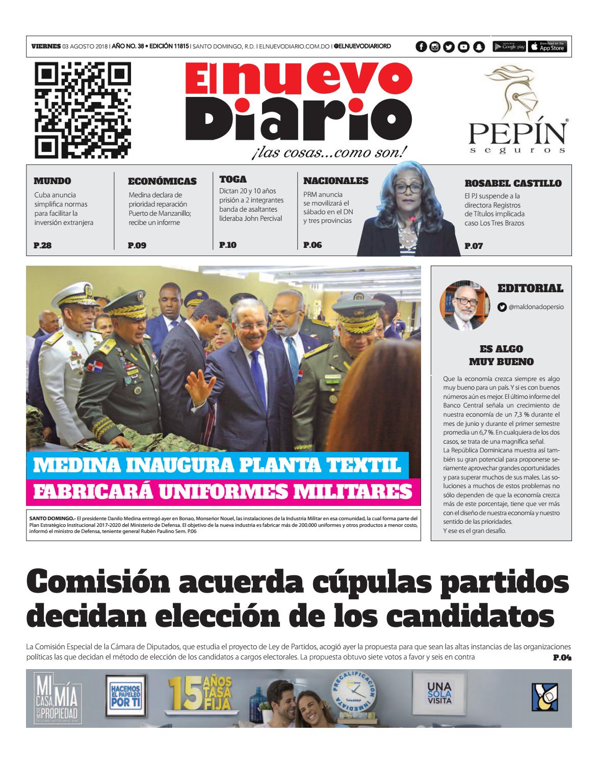 Portada Periódico El Nuevo Diario, Viernes 3 de Agosto 2018