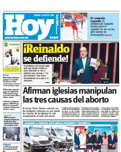 Portada Periódico Hoy, Jueves 2 de Agosto 2018