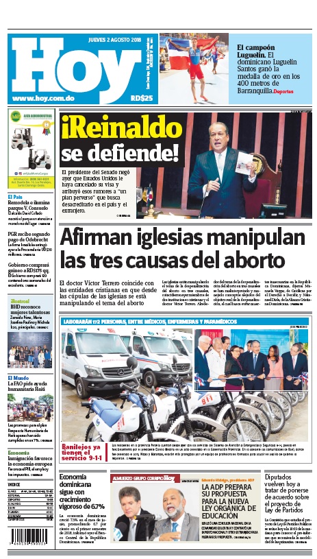 Portada Periódico Hoy, Jueves 2 de Agosto 2018