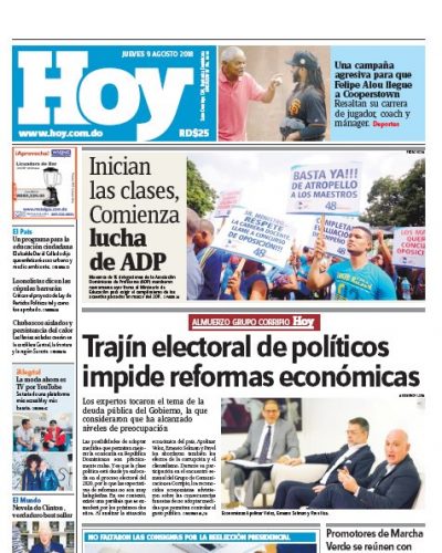 Portada Periódico Hoy, Jueves 9 de Agosto 2018