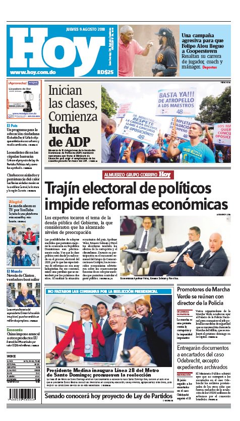 Portada Periódico Hoy, Jueves 9 de Agosto 2018