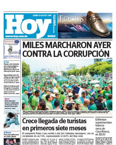 Portada Periódico Hoy, Lunes 13 de Agosto 2018