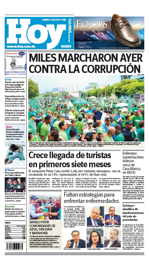 Portada Periódico Hoy, Lunes 13 de Agosto 2018