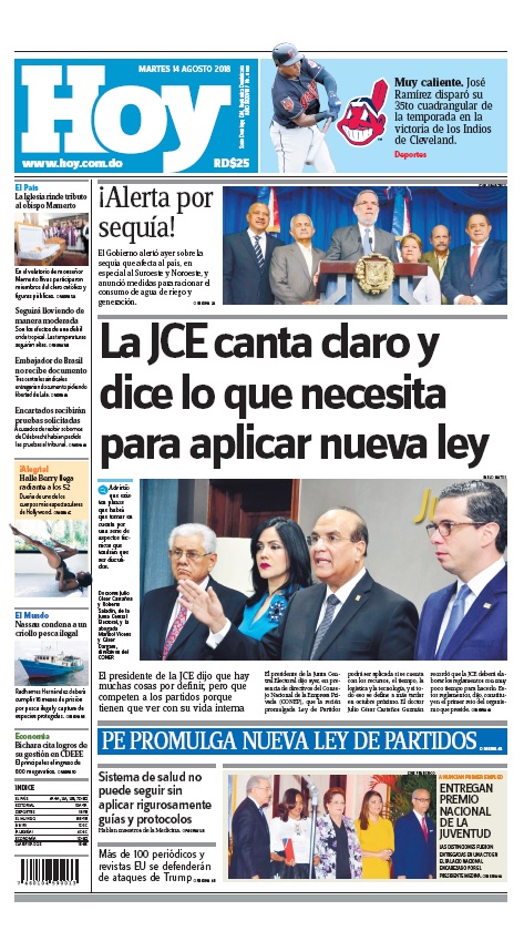 Portada Periódico Hoy, Martes 14 de Agosto 2018