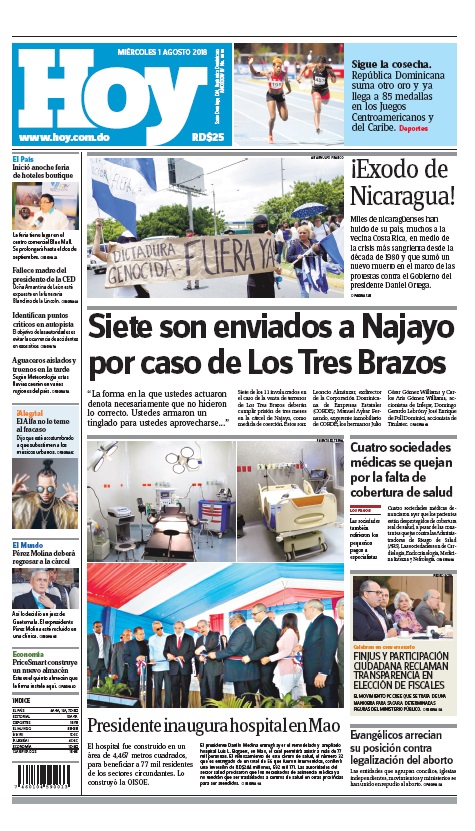 Portada Periódico Hoy, Miércoles 1 de Agosto 2018