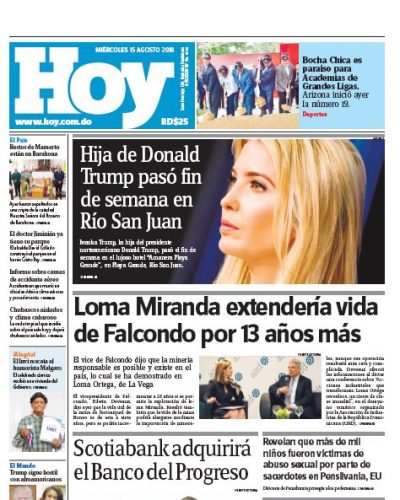 Portada Periódico Hoy, Miércoles 15 de Agosto 2018