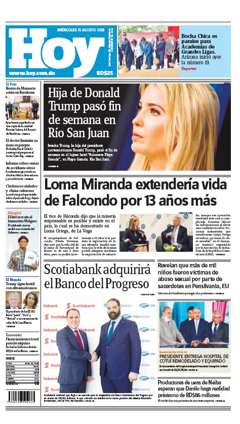 Portada Periódico Hoy, Miércoles 15 de Agosto 2018