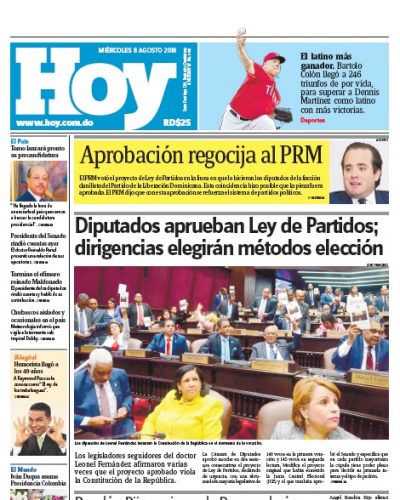 Portada Periódico Hoy, Miércoles 8 de Agosto 2018