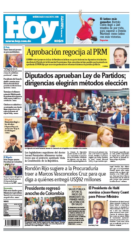 Portada Periódico Hoy, Miércoles 8 de Agosto 2018