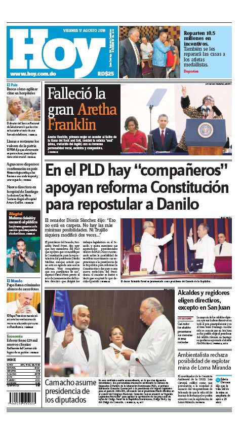 Portada Periódico Hoy, Viernes 17 de Agosto 2018
