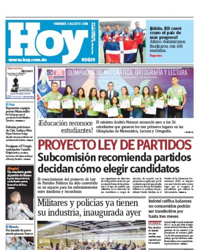 Portada Periódico Hoy, Viernes 3 de Agosto 2018