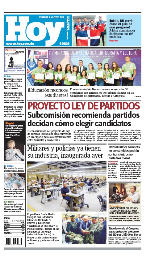 Portada Periódico Hoy, Viernes 3 de Agosto 2018