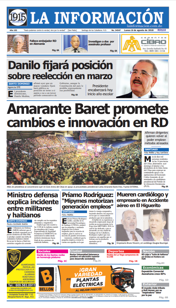 Portada Periódico La Información, Lunes 20 de Agosto 2018