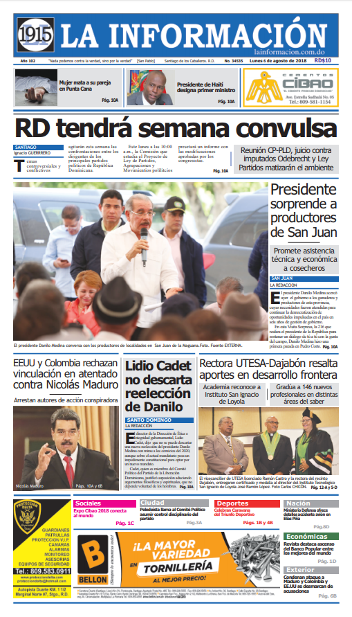 Portada Periódico La Información, Lunes 6 de Agosto 2018