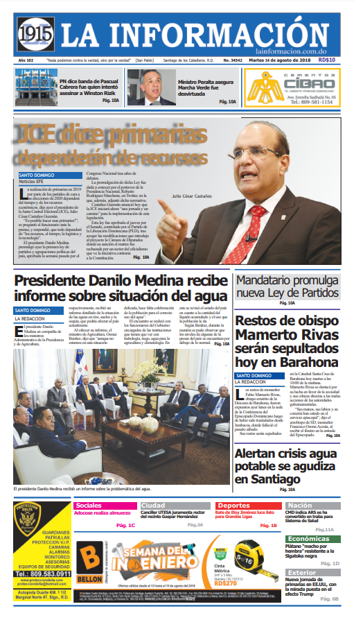 Portada Periódico La Información, Martes 14 de Agosto 2018