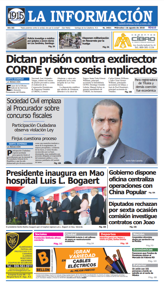 Portada Periódico La Información, Miércoles 1 de Agosto 2018