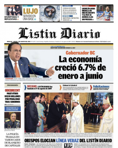 Portada Periódico Listín Diario, Jueves 2 de Agosto 2018