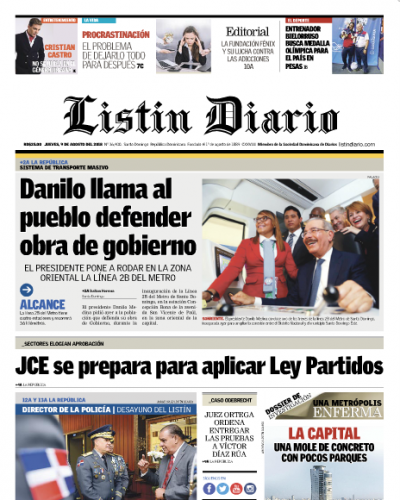 Portada Periódico Listín Diario, Jueves 9 de Agosto 2018