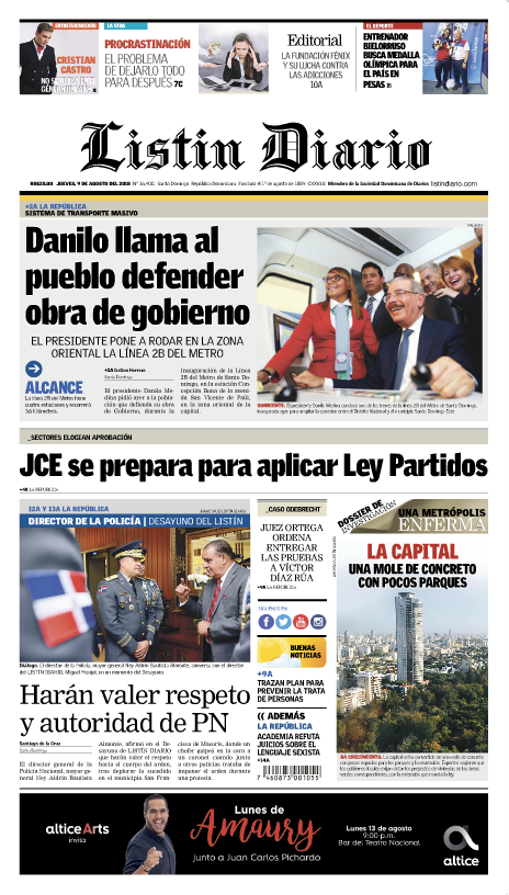 Portada Periódico Listín Diario, Jueves 9 de Agosto 2018