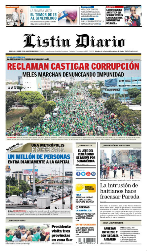 Portada Periódico Listín Diario, Lunes 13 de Agosto 2018