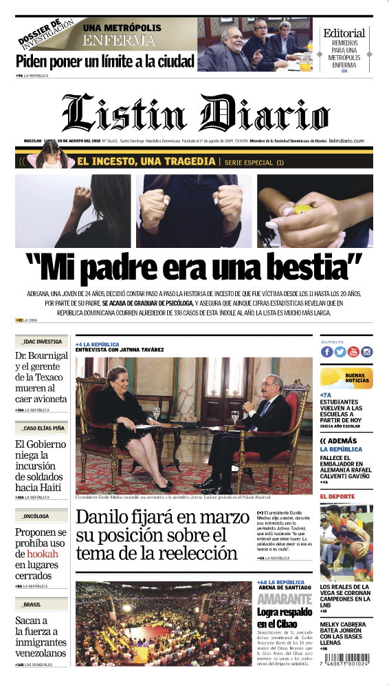 Portada Periódico Listín Diario, Lunes 20 de Agosto 2018