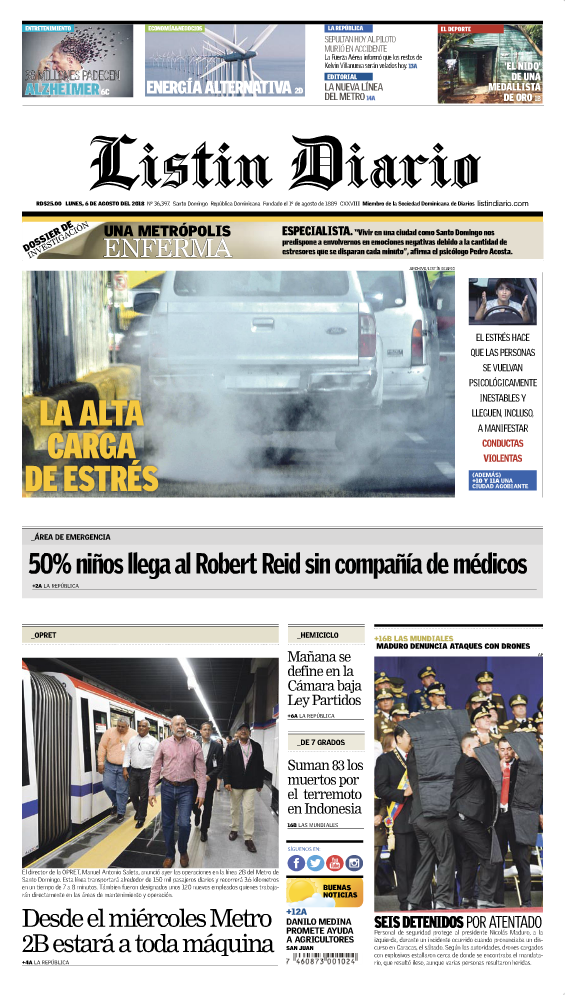 Portada Periódico Listín Diario, Lunes 6 de Agosto 2018