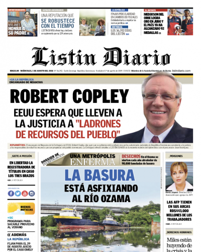 Portada Periódico Listín Diario, Miércoles 1 de Agosto 2018