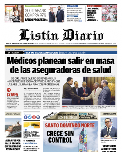 Portada Periódico Listín Diario, Miércoles 15 de Agosto 2018