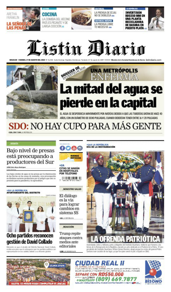 Portada Periódico Listín Diario, Viernes 17 de Agosto 2018
