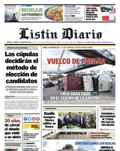 Portada Periódico Listín Diario, Viernes 3 de Agosto 2018