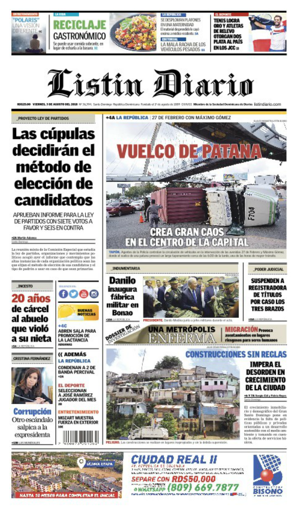 Portada Periódico Listín Diario, Viernes 3 de Agosto 2018