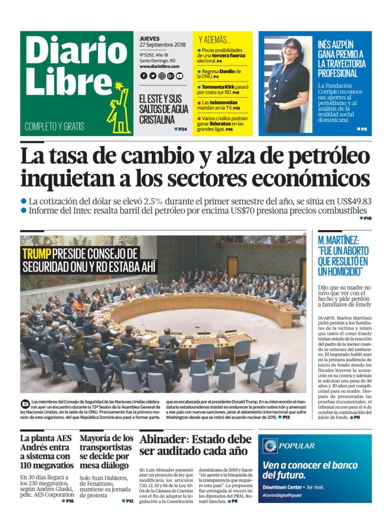 Portada Periódico Diario Libre, Jueves 27 de Septiembre 2018