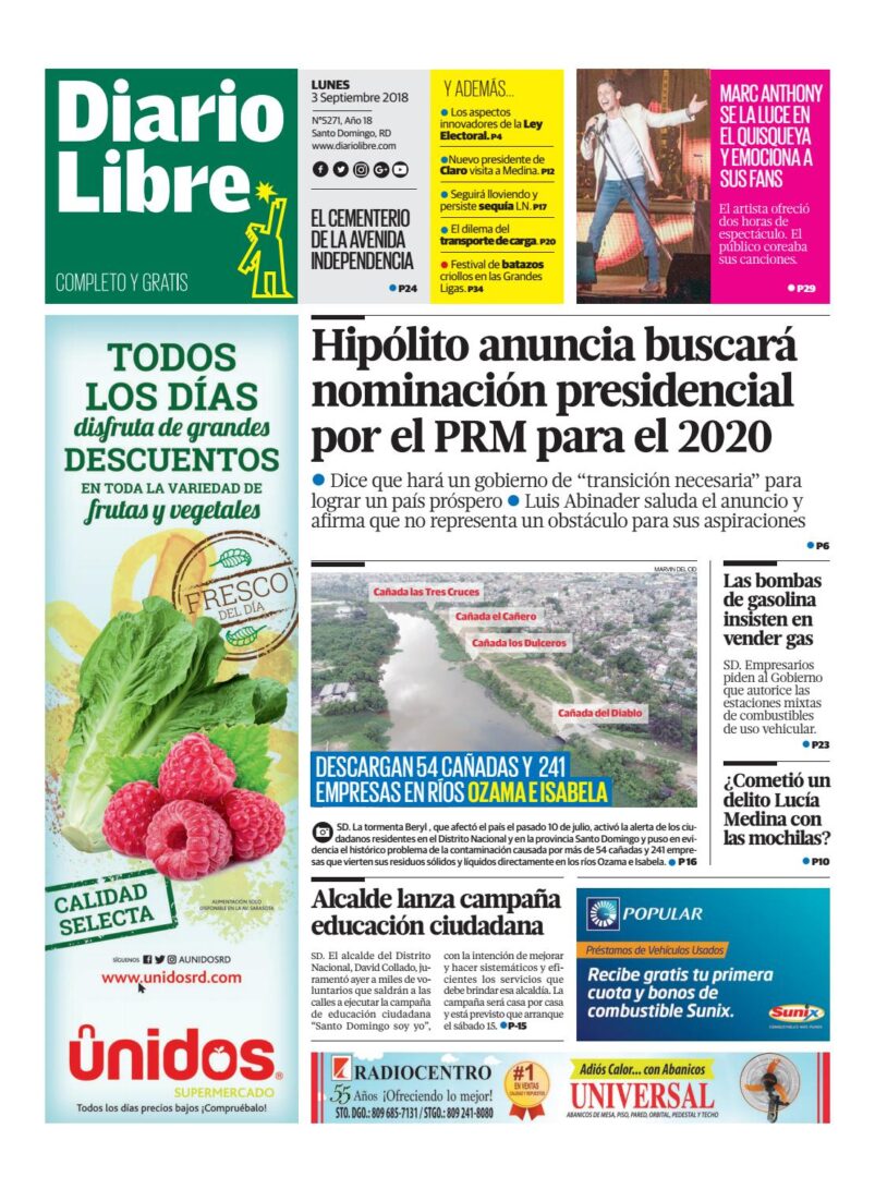 Portada Periódico Diario Libre, Lunes 03 de Septiembre 2018