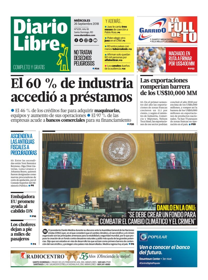Portada Periódico Diario Libre, Miércoles 26 de Septiembre 2018